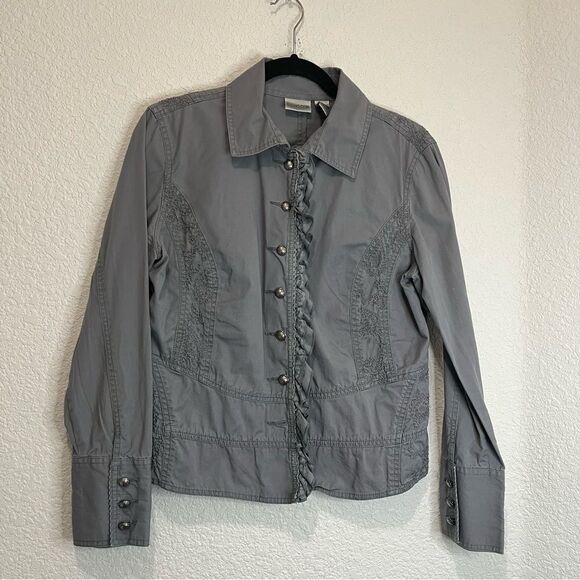 Chico's Gray Embroidered Long Sleeve Button Up Lightweight Jacket Top Womens M - Picture 11 of 11